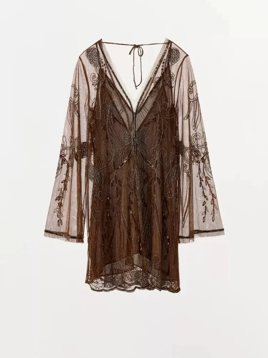 Zara Brown Sheer Beaded V-Neck Mini Dress - Picture 7 of 9